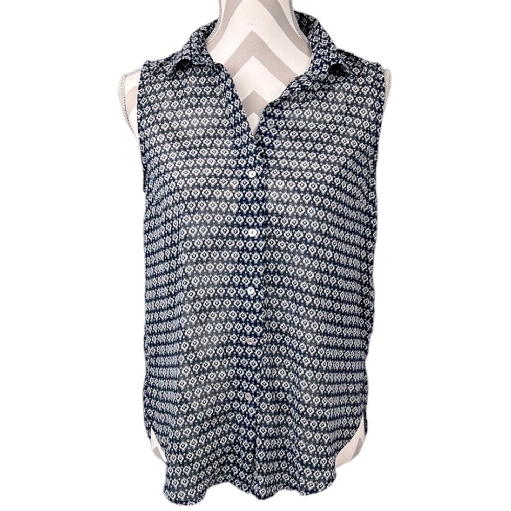 H&M sheer sleeveless blouse button down blue and white size 2
